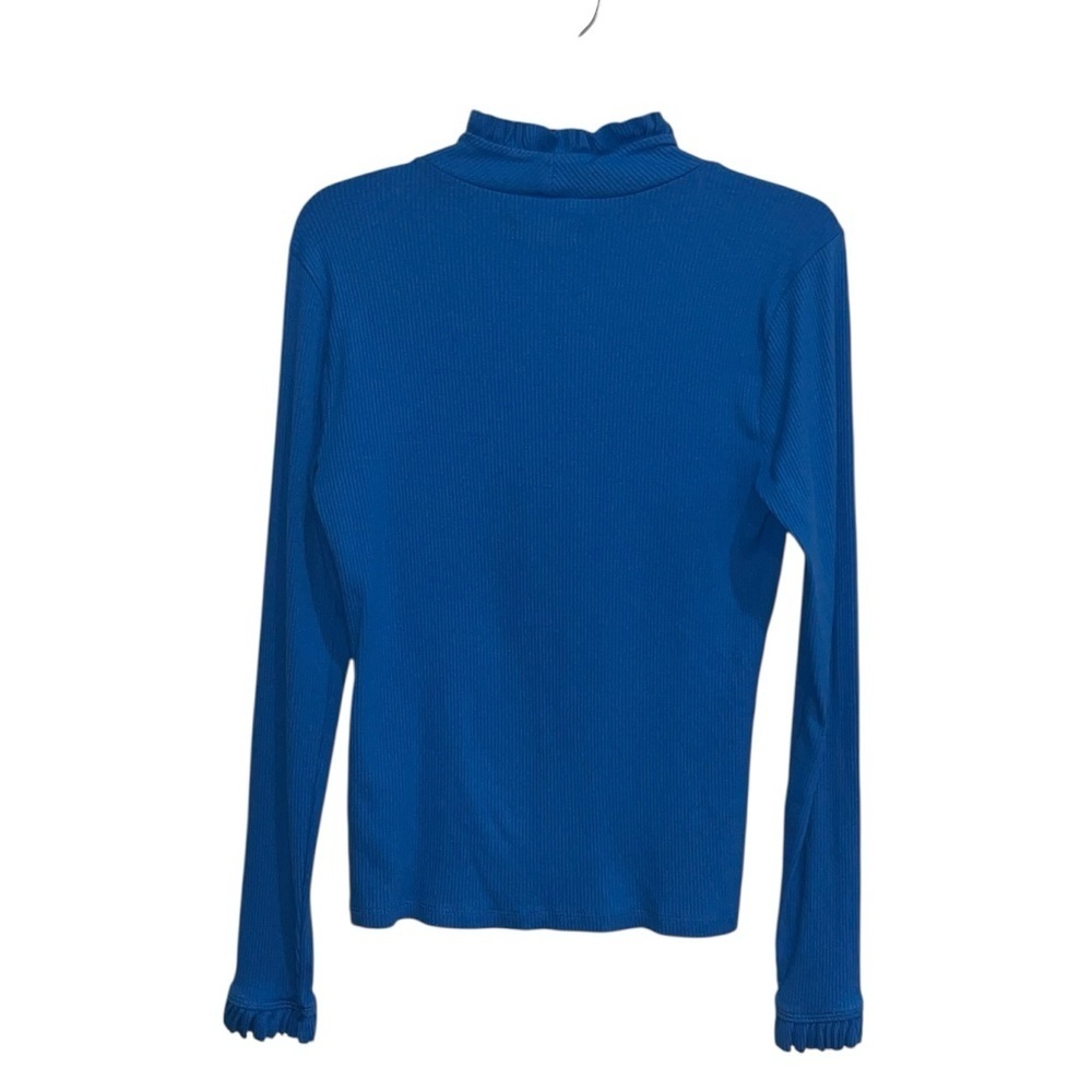 J. Crew Royal Blue Long Sleeve Ruffled Neck Ribbed Size Medium - Picture 3 of 8